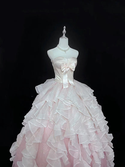 Princess Ball Gown Strapless Pink With Tiered Layers Quince Dress Voluminous Sweet 16 Sweet Sixteen Outfits Vestido de 15 RB7496