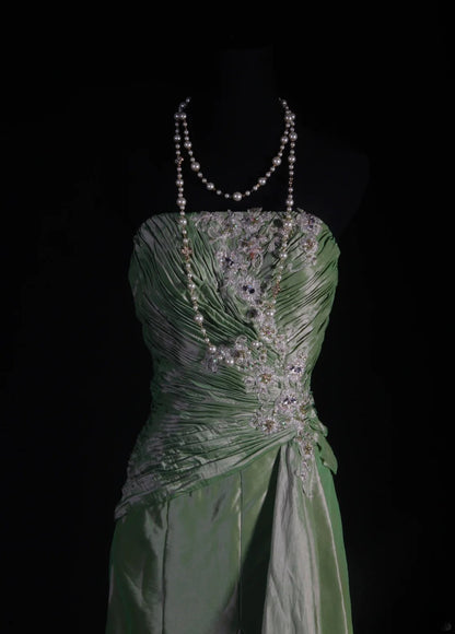Vintage 50s 1950s Formal Mermaid Strapless Green Taffeta Pleated With Lace Appliques Sleeveless Long Prom Dresses Party Formal Gowns AS127