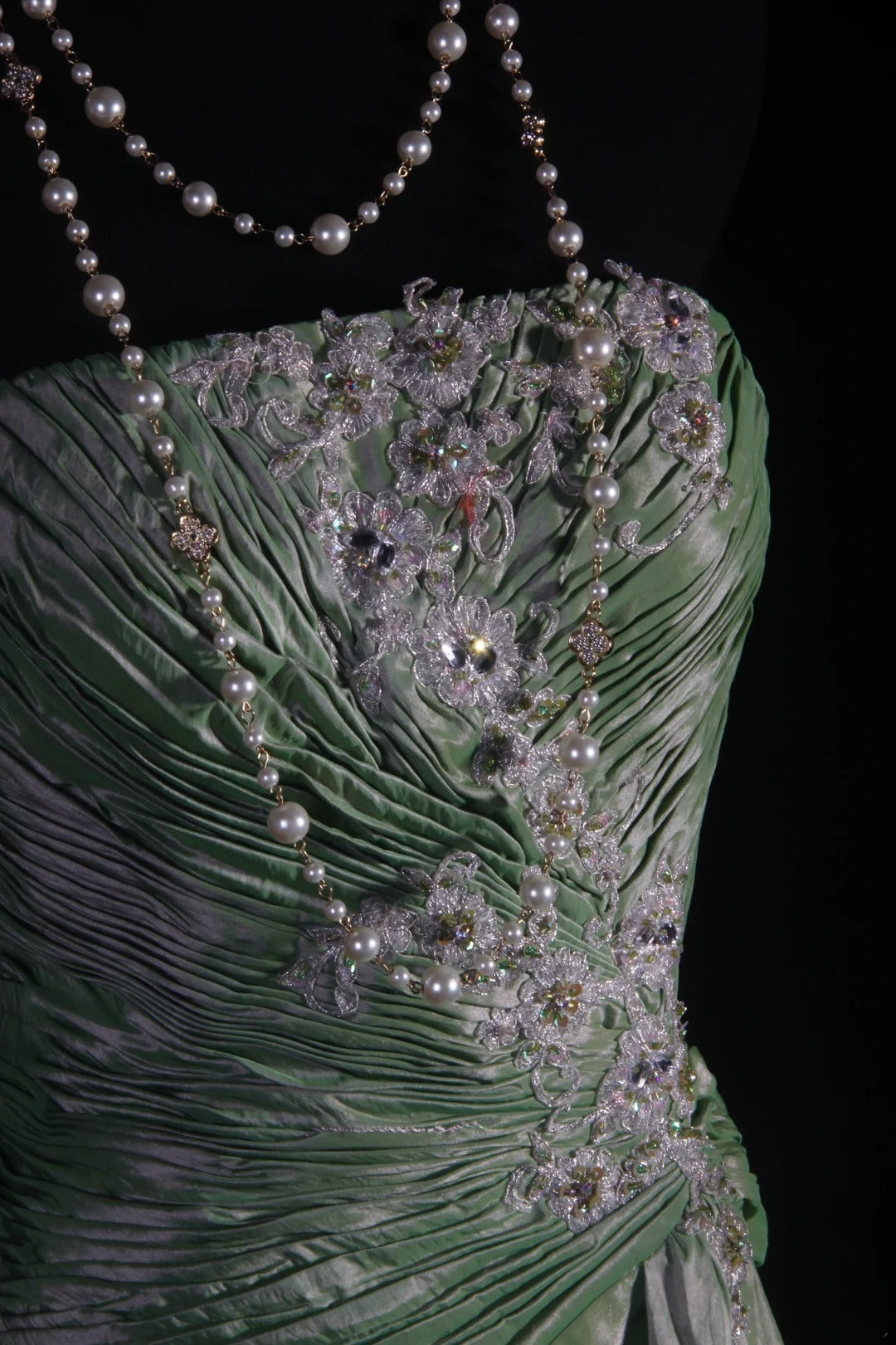 Vintage 50s 1950s Formal Mermaid Strapless Green Taffeta Pleated With Lace Appliques Sleeveless Long Prom Dresses Party Formal Gowns AS127