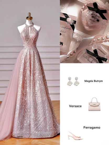 Glamouröses Ballkleid mit hohem Kragen, rosa Pailletten, langes Abendkleid, Partykleid, Outfit zum 20. Geburtstag, Ballkleid AQ128