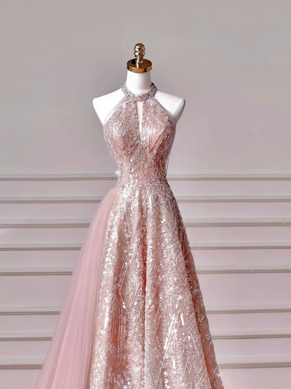 Glamouröses Ballkleid mit hohem Kragen, rosa Pailletten, langes Abendkleid, Partykleid, Outfit zum 20. Geburtstag, Ballkleid AQ128