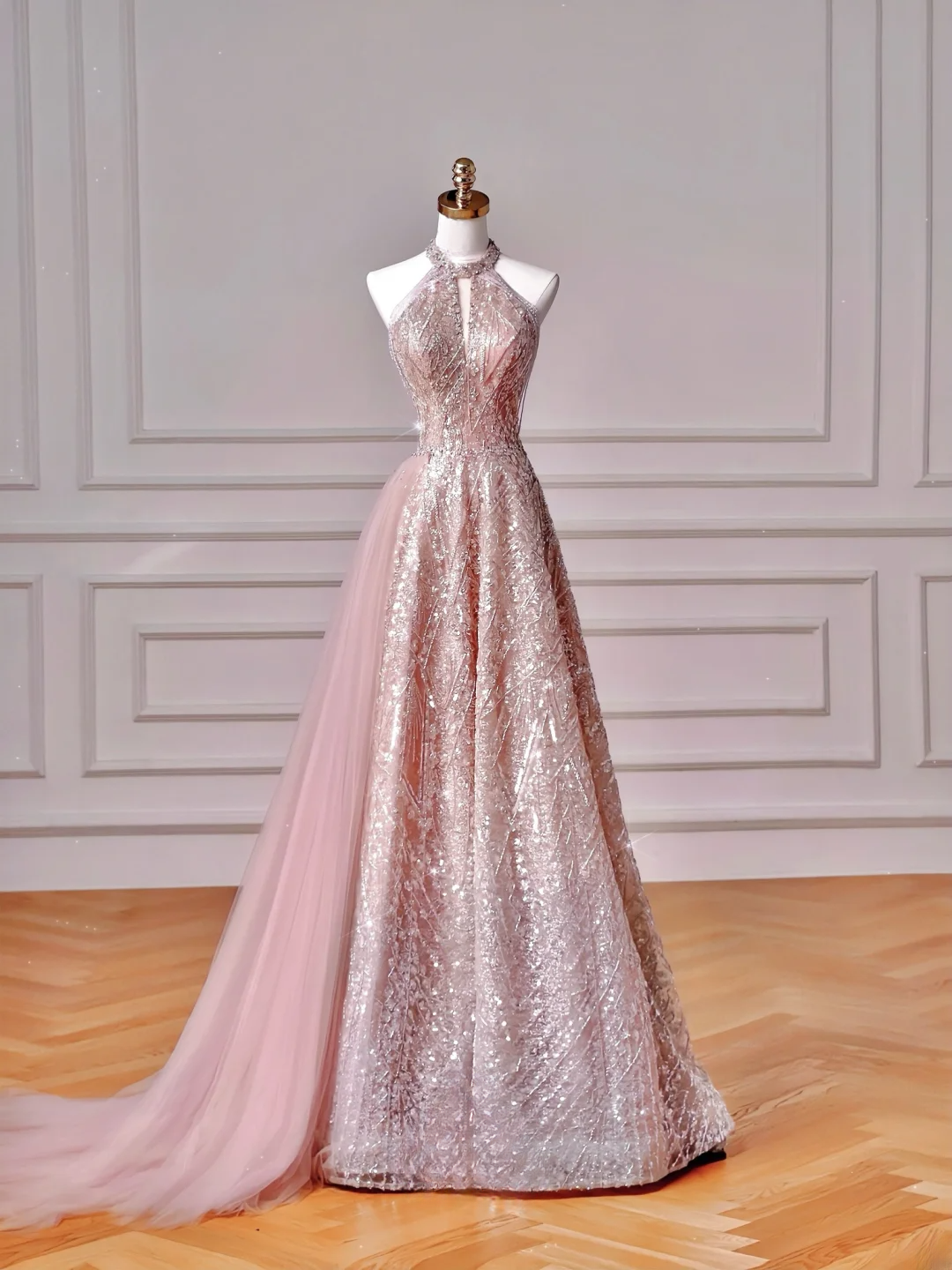 Glamouröses Ballkleid mit hohem Kragen, rosa Pailletten, langes Abendkleid, Partykleid, Outfit zum 20. Geburtstag, Ballkleid AQ128
