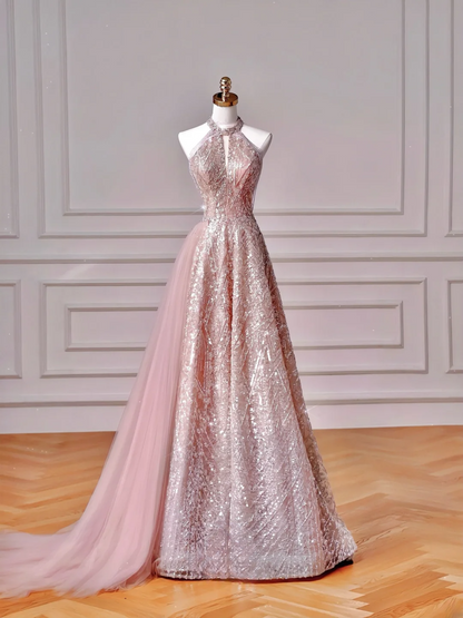 Glamouröses Ballkleid mit hohem Kragen, rosa Pailletten, langes Abendkleid, Partykleid, Outfit zum 20. Geburtstag, Ballkleid AQ128