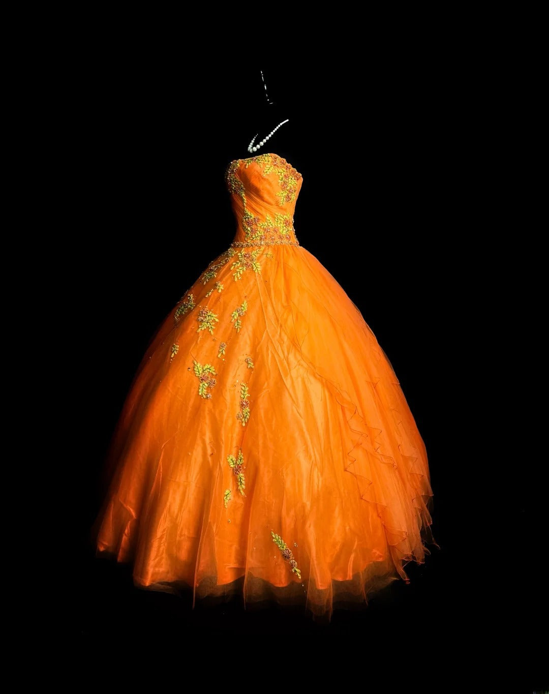 Pretty Ball Gown Strapless Orange Tulle With Appliqued Long 15 Quinceanera Dresses Photo Ideas Formal Outfit RB5938