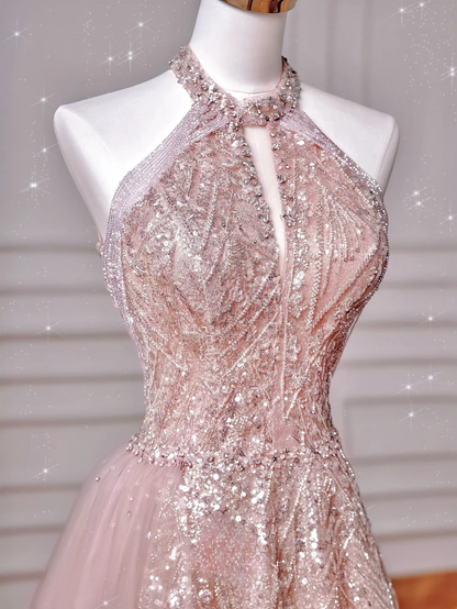 Glamouröses Ballkleid mit hohem Kragen, rosa Pailletten, langes Abendkleid, Partykleid, Outfit zum 20. Geburtstag, Ballkleid AQ128