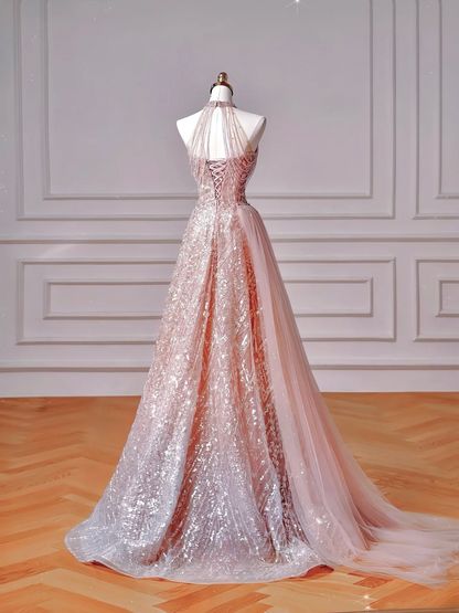 Glamouröses Ballkleid mit hohem Kragen, rosa Pailletten, langes Abendkleid, Partykleid, Outfit zum 20. Geburtstag, Ballkleid AQ128