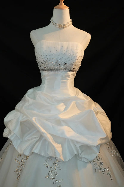 Romantic Princess Wedding Dress Ball Gown Strapless Tulle White Brides Gown Long Bridal Dress RB5793