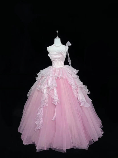 Princess Ball Gown One Shoulder Pink With Tiered Layers Quince Dress Voluminous Sweet 16 Sweet Sixteen Outfits Vestido de 15 RB7501