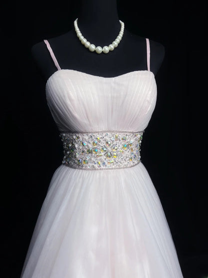 Vintage 70s Prom Dresses A line Spaghetti Strap White Tulle Sleeveless Evening Dress Formal Outfits RB5941