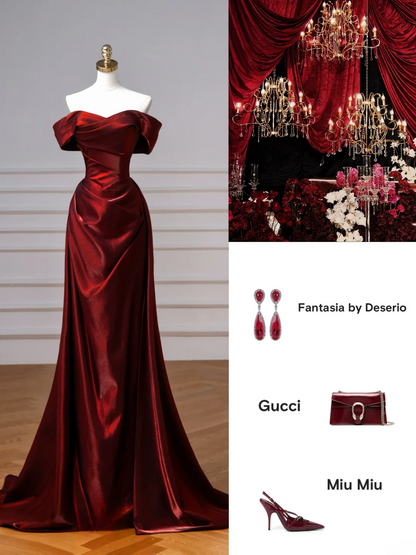 Elegantes, schulterfreies, burgunderrotes, langes Meerjungfrauen-Abendkleid aus Satin, perfekt für festliche Anlässe wie Ball, Tanz und Party (AQ132)