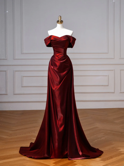 Elegantes, schulterfreies, burgunderrotes, langes Meerjungfrauen-Abendkleid aus Satin, perfekt für festliche Anlässe wie Ball, Tanz und Party (AQ132)
