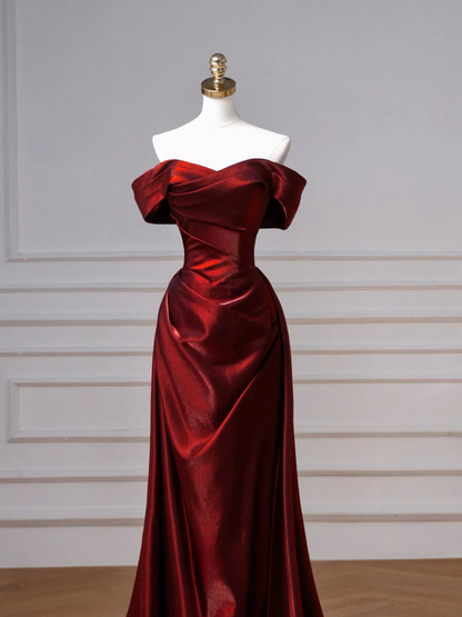 Elegantes, schulterfreies, burgunderrotes, langes Meerjungfrauen-Abendkleid aus Satin, perfekt für festliche Anlässe wie Ball, Tanz und Party (AQ132)