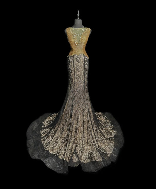 Modest Prom Dresses Mermaid Scoop Gold Black Lace Backless Long Party Dress Formal Outfits RB5942