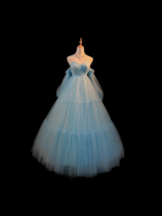 Modest Ball Gown Off The Shoulder Light Sky Blue Tulle Long Sleeves Sweet 16 Dresses Seventeen Quince Dress RB3581