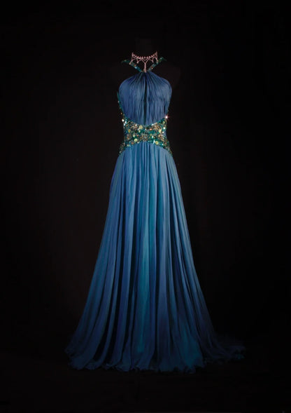Retro Vintage 1960s Formal A line Halter Blue Fashion With Beads Long Prom Dresses Party Formal Gowns AS133