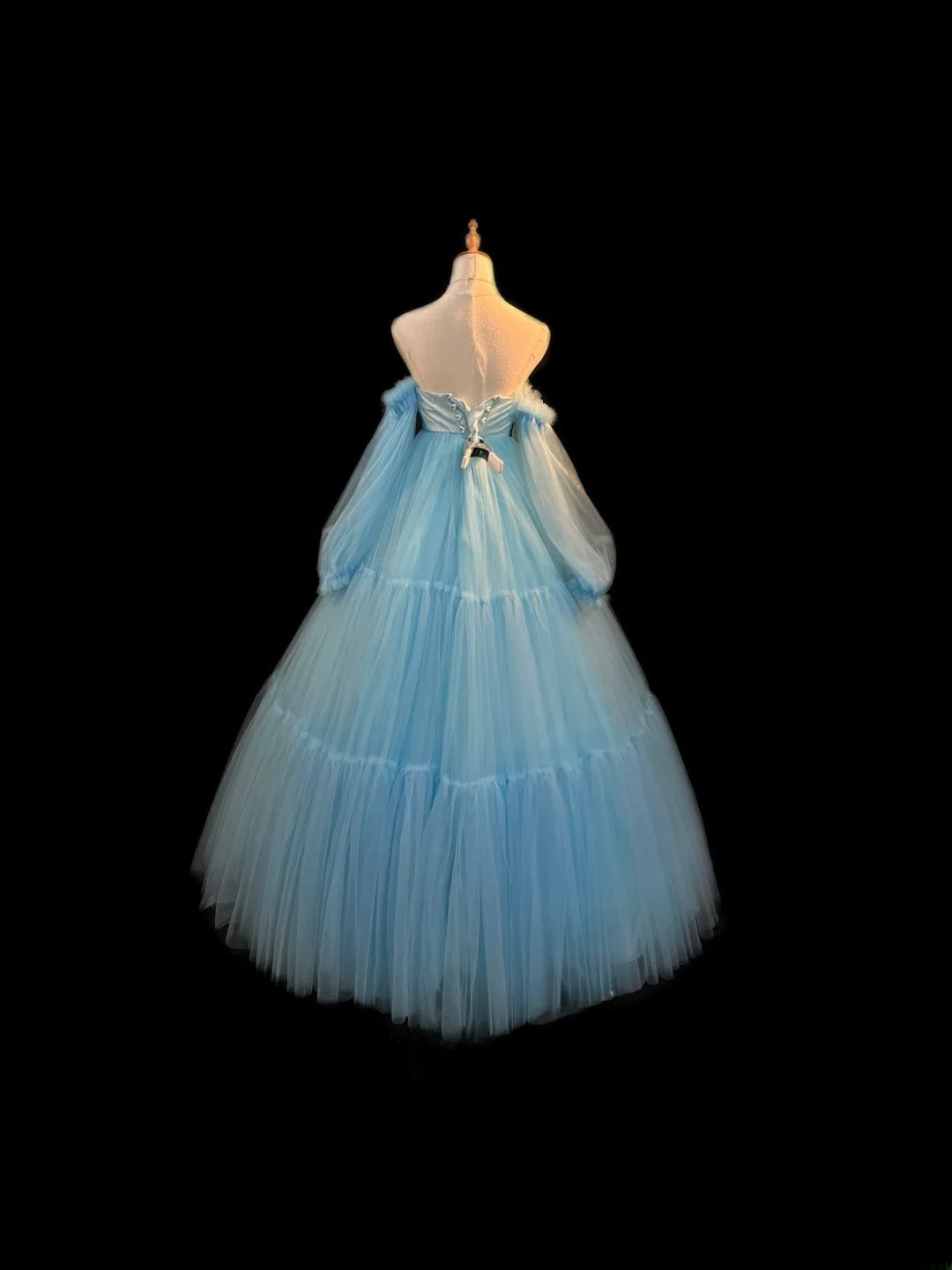 Modest Ball Gown Off The Shoulder Light Sky Blue Tulle Long Sleeves Sweet 16 Dresses Seventeen Quince Dress RB3581