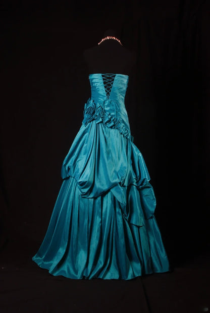 Vintage Ballkleider, Damen-Cocktailkleider, trägerlos mit gerafften Blumen, blau, lang, Abschlussballkleider AS134