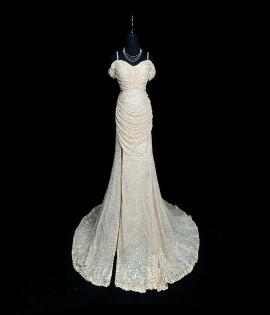 Modest Prom Dresses Mermaid Off The Shoulder Slit Sequin Long Party Dress Formal Outfits RB5944