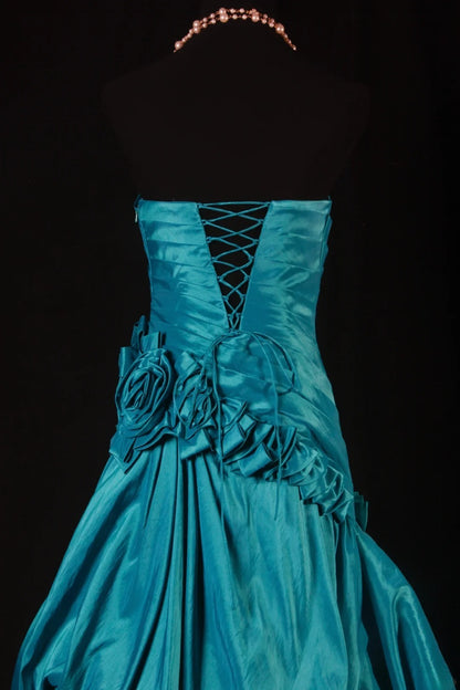 Vintage Ballkleider, Damen-Cocktailkleider, trägerlos mit gerafften Blumen, blau, lang, Abschlussballkleider AS134