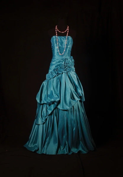 Vintage Ballkleider, Damen-Cocktailkleider, trägerlos mit gerafften Blumen, blau, lang, Abschlussballkleider AS134