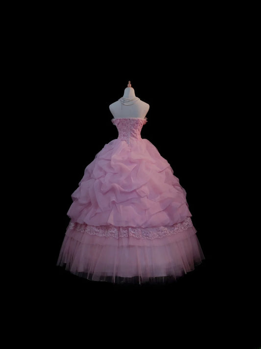 Cute Ball Gown Strapless Pink Sequin Tulle Long Sleeveless Sweet 16 Dresses Seventeen Quince Dress RB3583