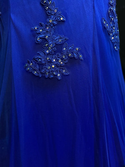 Modest Prom Dresses Mermaid Scoop Royal Blue Backless Tulle With Appliqued Long Party Dress Formal Outfits RB5946