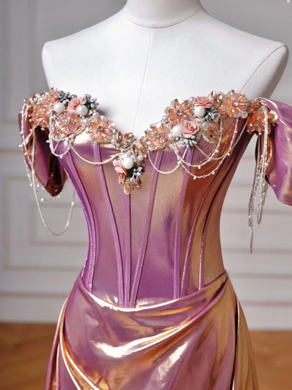Elegantes Meerjungfrauen-Kleid, schulterfrei, rosa, mit kurzen Ärmeln, langes formelles Ballkleid, Tanznacht-Outfit, Partykleid AQ136