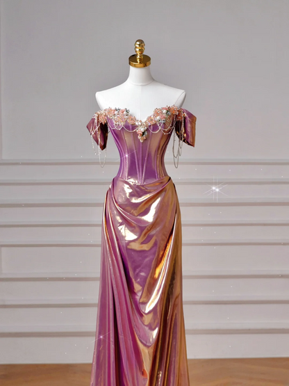 Elegantes Meerjungfrauen-Kleid, schulterfrei, rosa, mit kurzen Ärmeln, langes formelles Ballkleid, Tanznacht-Outfit, Partykleid AQ136