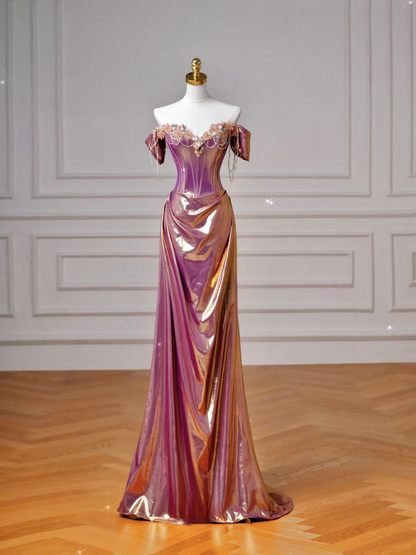 Elegantes Meerjungfrauen-Kleid, schulterfrei, rosa, mit kurzen Ärmeln, langes formelles Ballkleid, Tanznacht-Outfit, Partykleid AQ136
