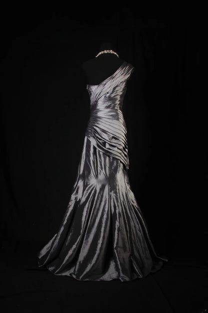 Vintage 50s 1950s Formal Mermaid One Shoulder Grey Tiered Taffeta Pleated With Beads Sleeveless Long Prom Dresses Party Formal Gowns AS137