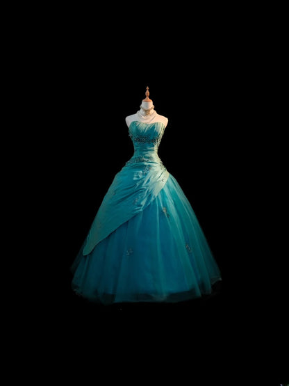 Cute Ball Gown Strapless Blue Taffeta With Appliqued Long Sleeveless Sweet 16 Dresses Seventeen Quince Dress RB3584