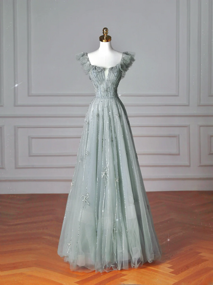 Elegantes, langes, formelles A-Linien-Abendkleid aus grünem Tüll mit eckigem Ausschnitt, ideal für Ball, Dinner und Party (AQ137)