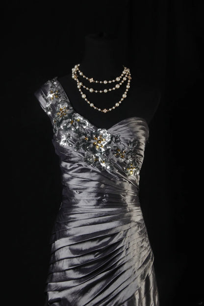 Vintage 50s 1950s Formal Mermaid One Shoulder Grey Tiered Taffeta Pleated With Beads Sleeveless Long Prom Dresses Party Formal Gowns AS137