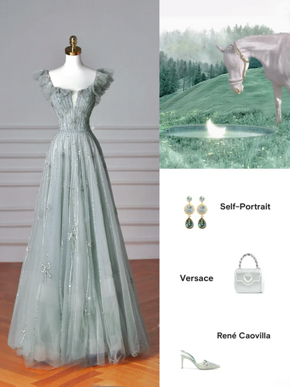 Elegantes, langes, formelles A-Linien-Abendkleid aus grünem Tüll mit eckigem Ausschnitt, ideal für Ball, Dinner und Party (AQ137)
