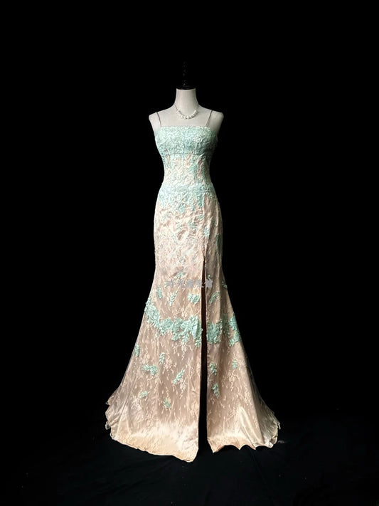 Modest Prom Dresses Mermaid Spaghetti Strap Blue Lace Champagne Tulle With Appliqued Long Party Dress Formal Outfits RB5948
