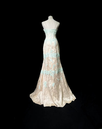 Modest Prom Dresses Mermaid Spaghetti Strap Blue Lace Champagne Tulle With Appliqued Long Party Dress Formal Outfits RB5948