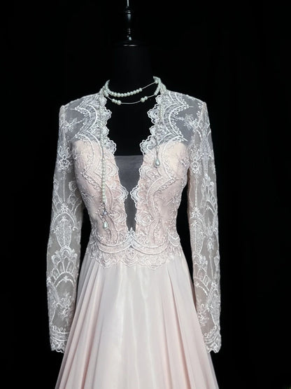 Retro A line V Neckline Pink Chiffon Long Sleeves Date Night Outfits Semi Formal Prom Wedding Guest Dresses RB5949
