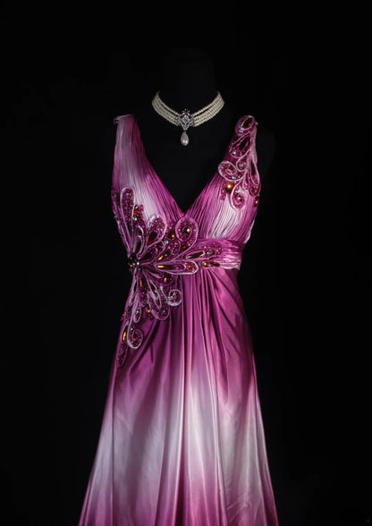Retro Vintage 1960s Formal A line V Neck Pink Ombre White Fashion With Beads Long Prom Dresses Party Formal Gowns AS140