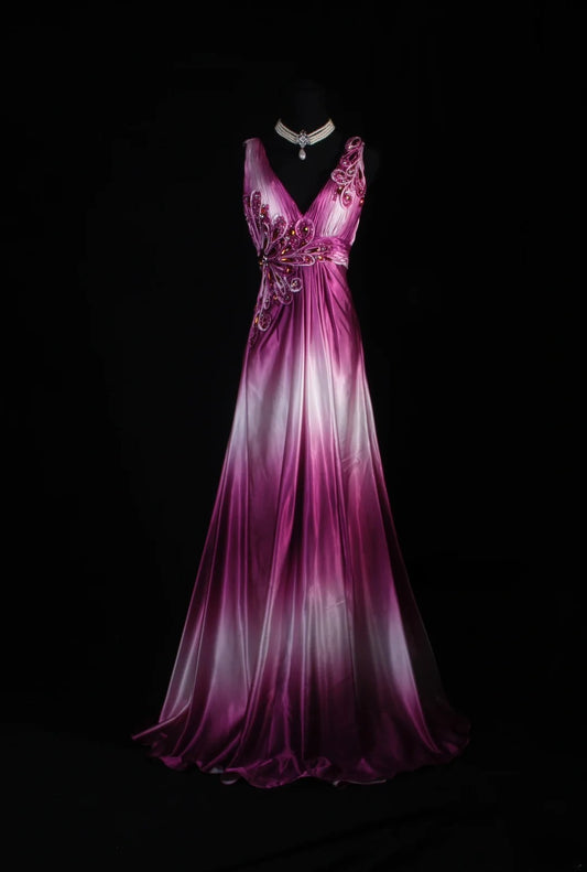 Retro Vintage 1960s Formal A line V Neck Pink Ombre White Fashion With Beads Long Prom Dresses Party Formal Gowns AS140