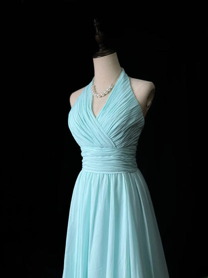 Retro A line V Neckline Light Sky Blue Chiffon Long Date Night Outfits Semi Formal Prom Wedding Guest Dresses RB5950