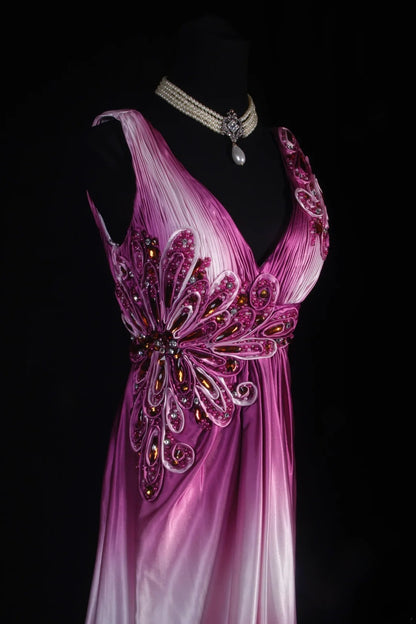 Retro Vintage 1960s Formal A line V Neck Pink Ombre White Fashion With Beads Long Prom Dresses Party Formal Gowns AS140