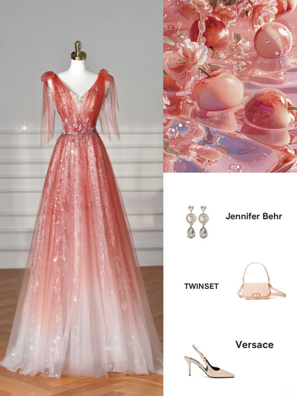 Robe de bal longue élégante en tulle, coupe trapèze, col en V, style formel, idéale pour les soirées dansantes (AB2206)