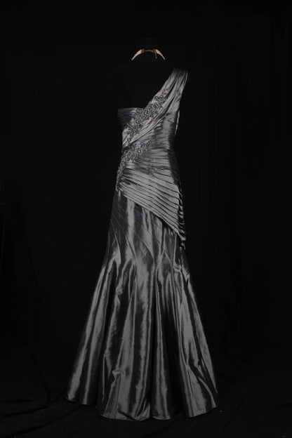 Vintage 50s 1950s Formal Mermaid One Shoulder Grey Tiered Pleated With Beads Style Impress Long Prom Dresses Party Formal Gowns AS141