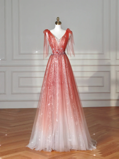 Robe de bal longue élégante en tulle, coupe trapèze, col en V, style formel, idéale pour les soirées dansantes (AB2206)