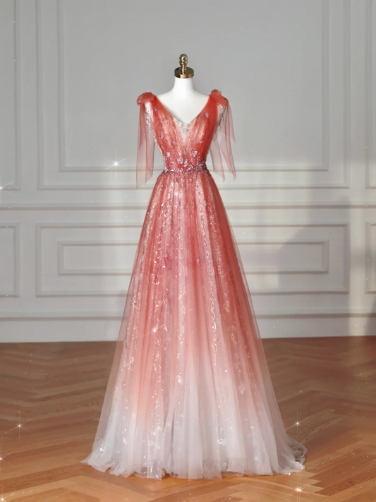 Robe de bal longue élégante en tulle, coupe trapèze, col en V, style formel, idéale pour les soirées dansantes (AB2206)