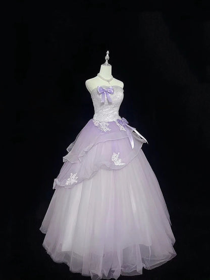 Modest Ball Gown Strapless Lilac With Tiered Layers Tulle Long Quince Dress Voluminous Sweet 16 Sweet Sixteen Outfits Vestido de 15 RB7511