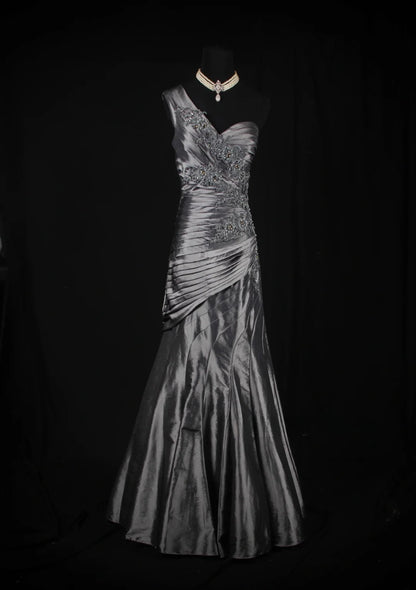 Vintage 50s 1950s Formal Mermaid One Shoulder Grey Tiered Pleated With Beads Style Impress Long Prom Dresses Party Formal Gowns AS141
