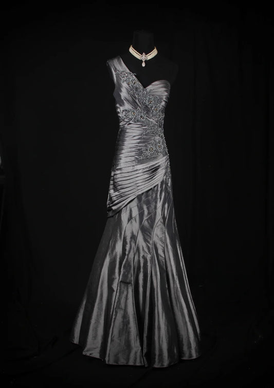 Vintage 50s 1950s Formal Mermaid One Shoulder Grey Tiered Pleated With Beads Style Impress Long Prom Dresses Party Formal Gowns AS141