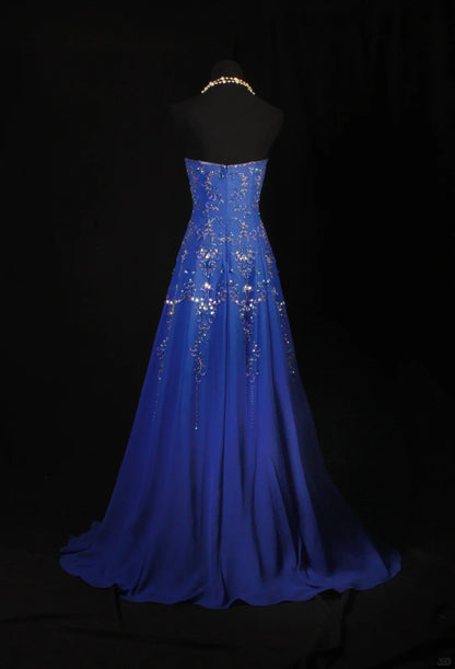 Retro 70s 1960s Formal A Line Strapless Royal Blue With Gem Beads Chiffon Sleeveless Long Prom Dresses Party Formal Gowns AS142