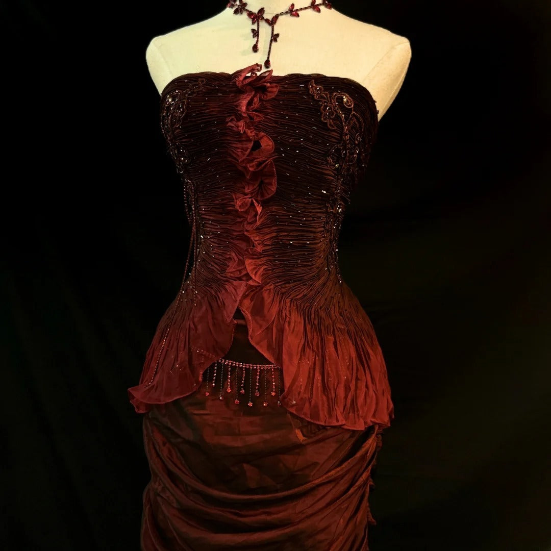 Vintage 70s Prom Dresses Mermaid Strapless Burgundy With Cape For Women Long Evening Formal Outfits RB3587